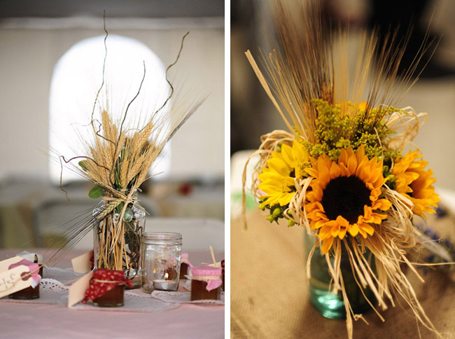 The centerpieces were mason jars filled with sunflowers and wheat and tied