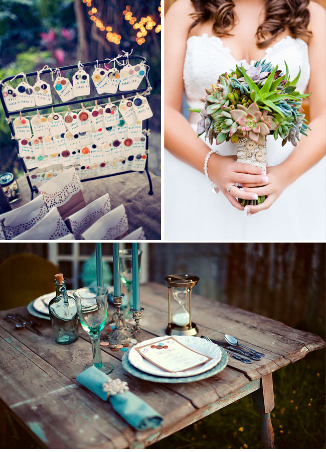 Buttons seating chart via Green Wedding Shoes bouquet wrap via Style Me 
