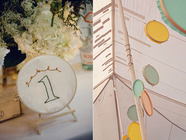Embroidery Hoops table number via Stephanie Cristalli hanging via Love and