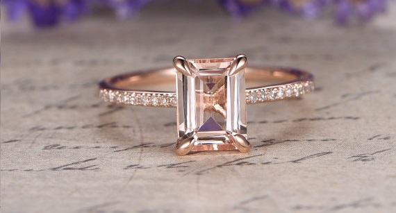 Morganite engagement ring with diamond,Solid 14k Rose gold bridal ring,stackable wedding ring 6x8mm Emerald cut gem 1 Morganite ring with diamonds and emerald cut gem