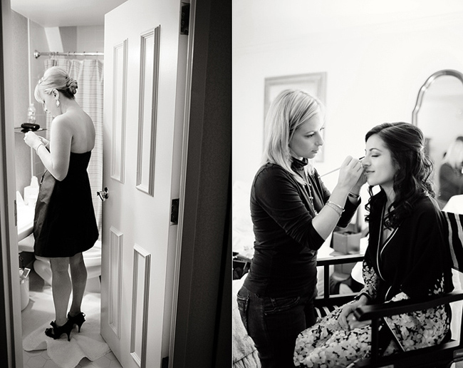 black and white photo of bride getting makeup applied