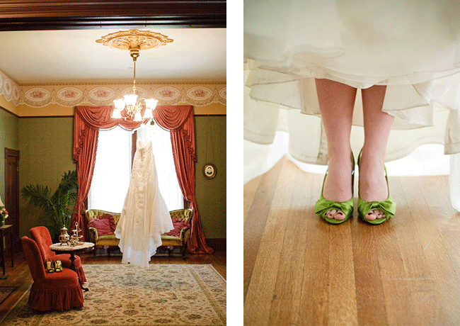 Dress hangs from light fixture in 19th century Camarillo Ranch drawing room