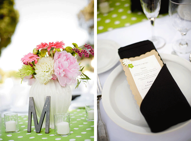 Colorful daisies and flower centerpiece with metal letter M