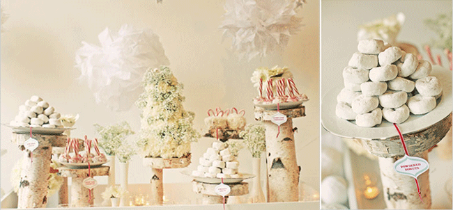 Winter Wonderland wedding dessert table idea with frosted white donuts and candy cane cakesicles