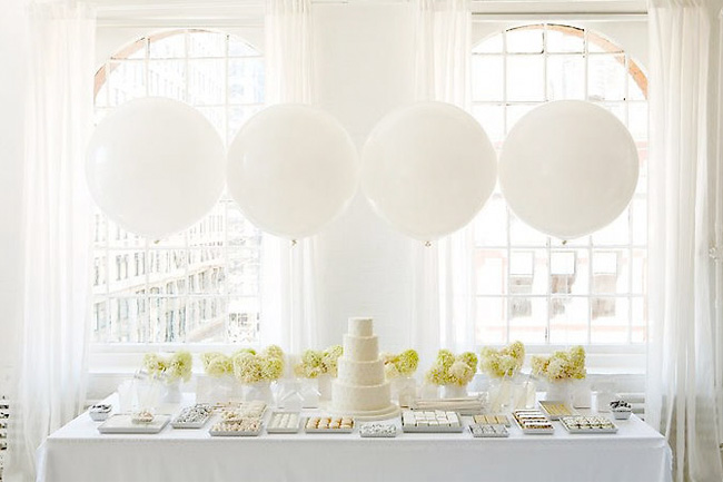 Giant white geronamo balloon wedding dessert table idea - Amy Atlas