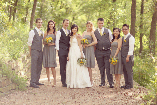 bridal party photo on nature path for wedding at Umluaf Sculpture Garden