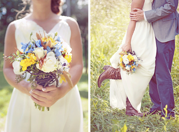 bride's bouquet; bride and groom sharing a moment