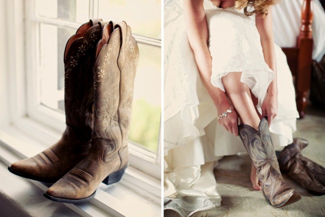 Wedding cowboy boots on window sill, and photo of bride putting on cowboy boots