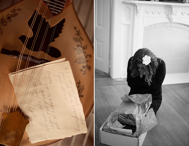 custom made banjo for groom gift (left), bride opening vintage typewriter gift on floor (right)