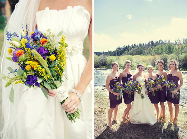 assorted purple and yellow flowers in bride's bouquet; bridemaids in purple dresses and yellow shoes