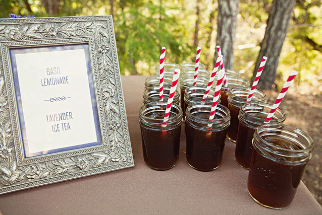 Basil lemonade and lavender ice tea with sign on table for wedding