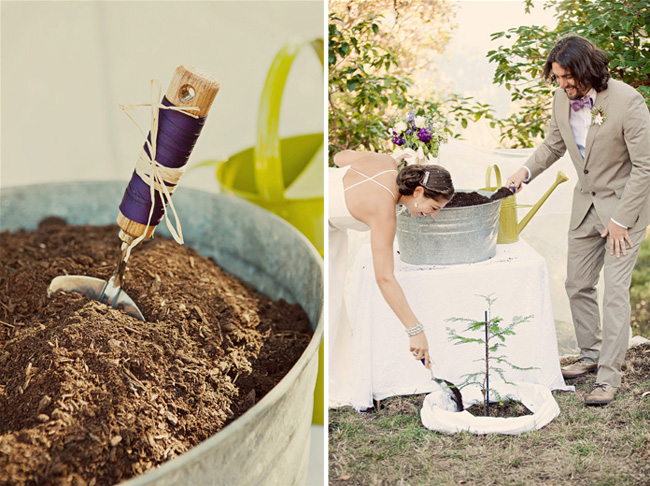 bride and groom plant tree using eggplant ribbon covered shovel