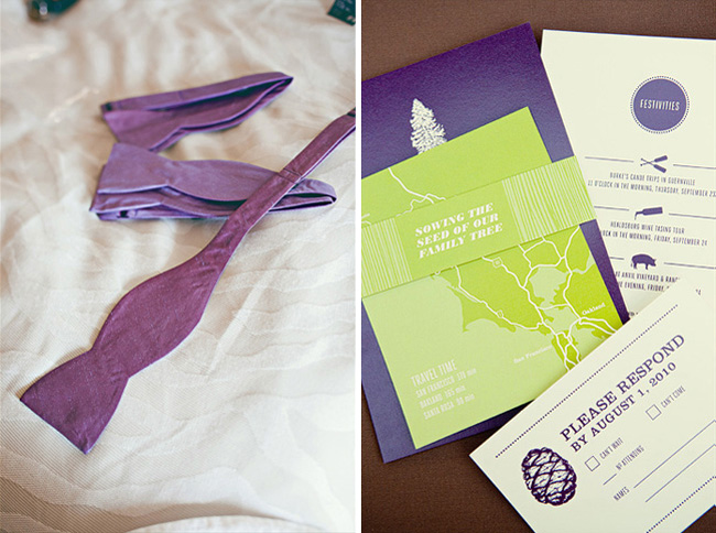 Espresso and Eggplant wedding color bowties with custom invitations and RSVP designs