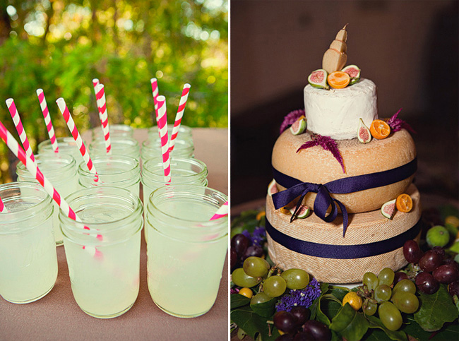 Basil lemonade with lavender icetea and pink swirl straws. Wedding cake made from cheese wheels