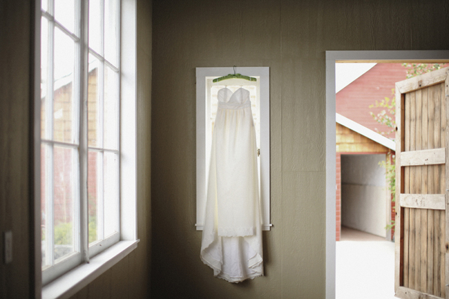 wedding dress hanging at Swans Trail Farms
