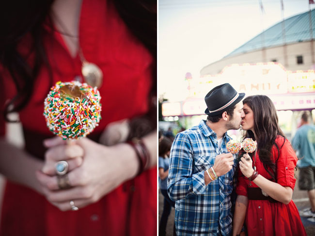 eating candied sprinkle apples at country fair engagement session