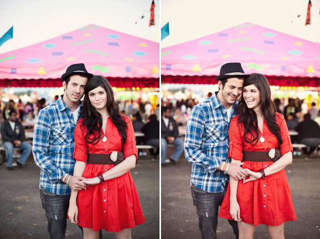 couple posing for photographs at country fair engagement session