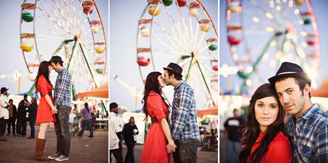 Ferris wheel in background of couple at country fair engagement session