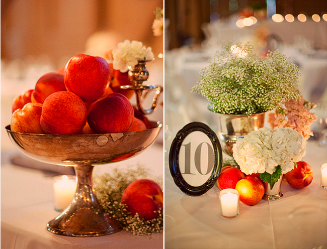 peach centerpiece in gold color bowl