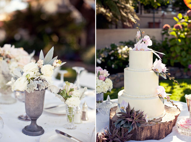 3-tier wedding cake on large wood slab