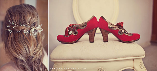 Poppy red wedding shoes sitting on vintage chair