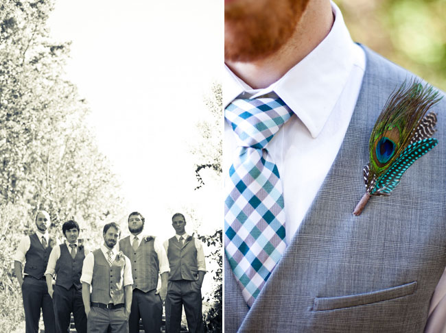 groom wearing peacock feather boutonniere, striped turqouoise necktie, and jacket