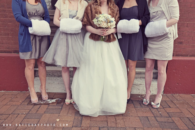 winter wedding bridal party with bridesmaids' white fur hand muffs