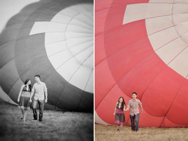 couple running away from a collapsing hot air balloon