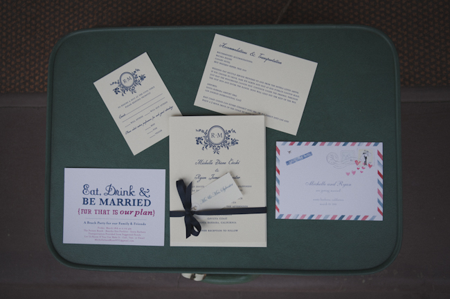 travel themed wedding stationery on old green suitcase
