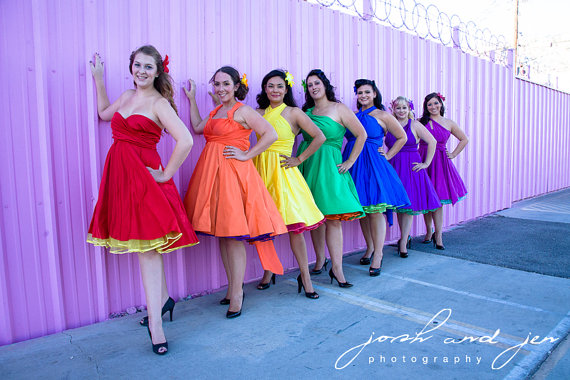 Rainbow Bridesmaids Dresses Knee Length or Floor Length