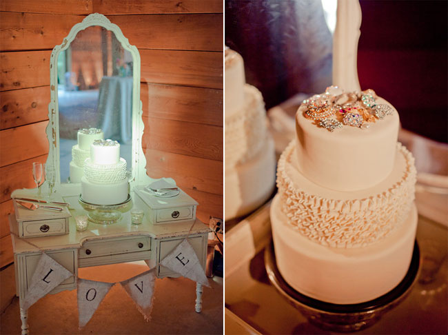 vintage dresser for wedding dessert table and 3 tier white wedding cake 