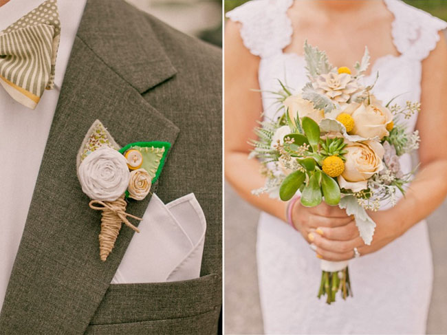 Groom wearing a DIY boutonniere and stripped and polka-dot gray bow tie. (left photo); bride carrying yellow billy balls, succulents, peach pink roses and lambs ear bridal bouquet (right photo) 