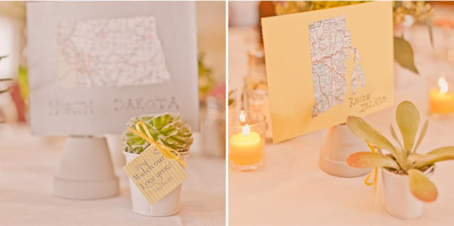 wedding reception table numbers with state maps and succulence plants in small white vase in yellow and gray themed wedding 