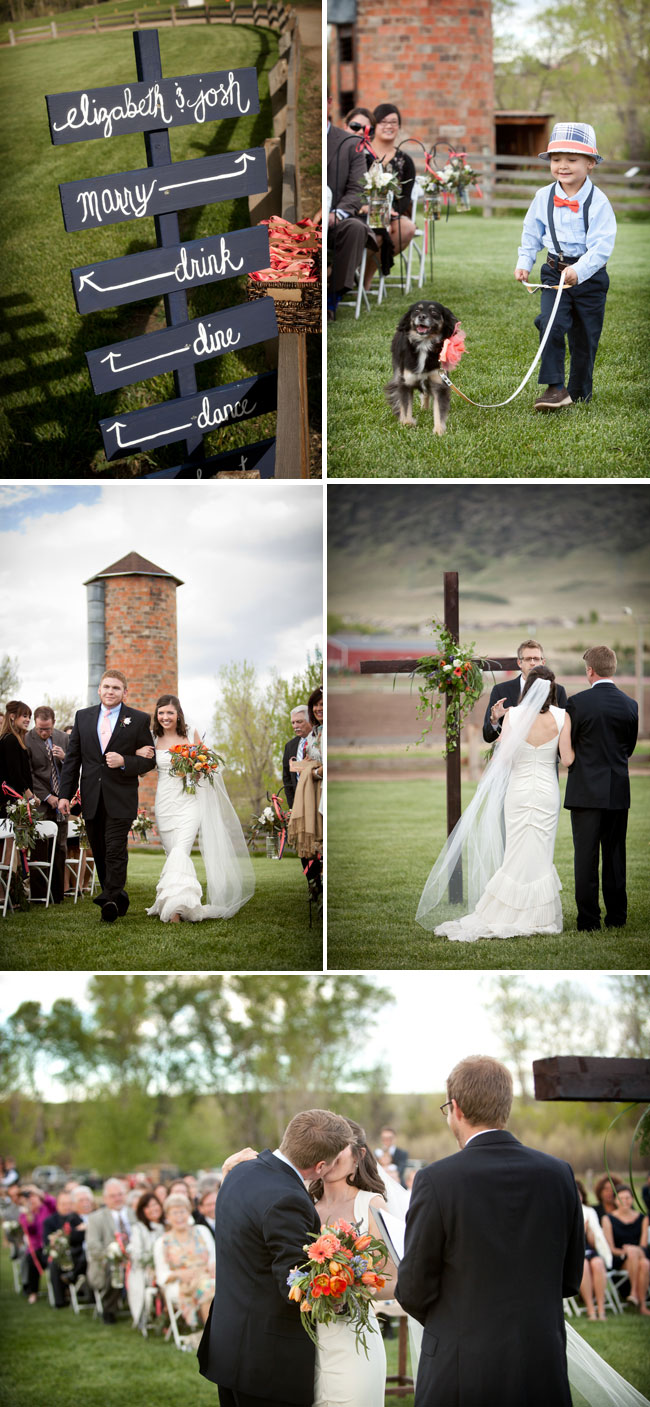 signs indicating various events; family dog decked out for the celebration; outdoor ceremony celebrating bride and groom