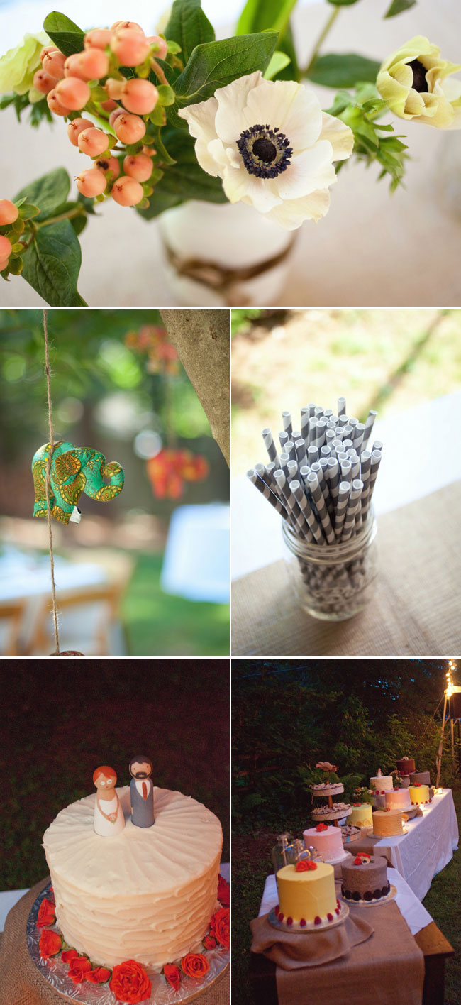 Bilbo Baggins inspired wedding at night in backyard with grey striped straws, elephant favors, and delicious looking dessert table