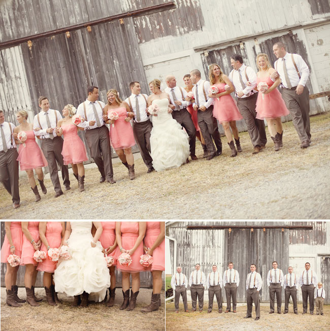 Rustic barn in background with bridesmaids in pink dresses and cowboy boots, groomsmen in suspenders and neckties