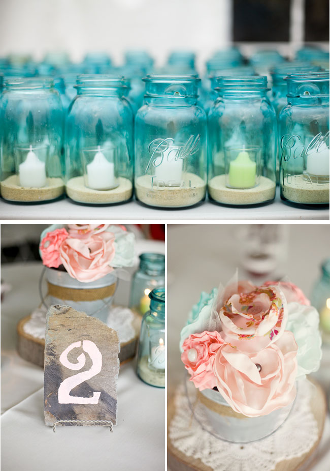 Pink Wedding themed decor: mason jars with white candles and pink flowers on table settings