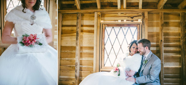 vintage chic winter wedding bride and groom embrace in wood cabin