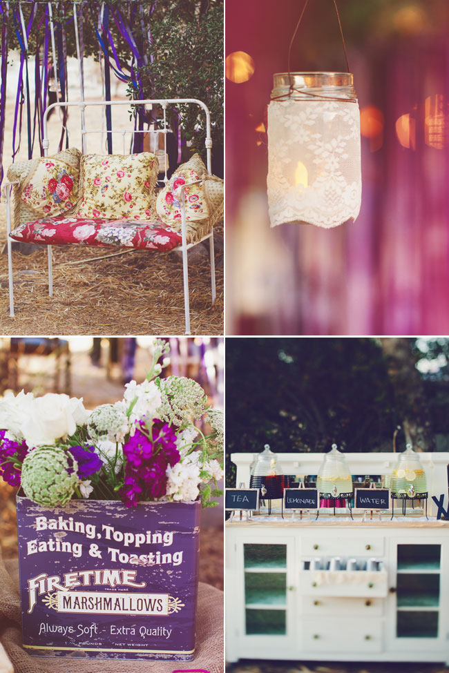 old metal chair, hanging mason jar with candle, and decor for budget friendly wedding