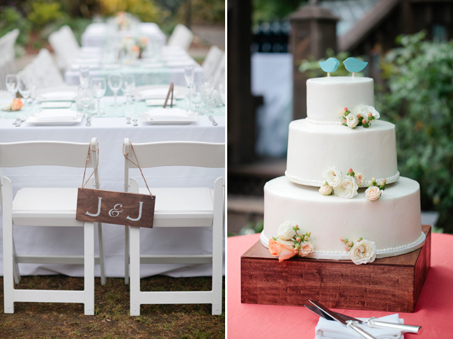 three-tier wedding cake with blue lovebird cake topper