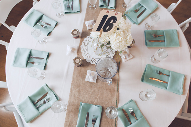 Wedding reception place setting, blue and burlap 