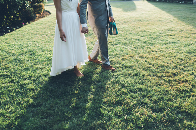 Bride and groom holding hands, Blue High heels 