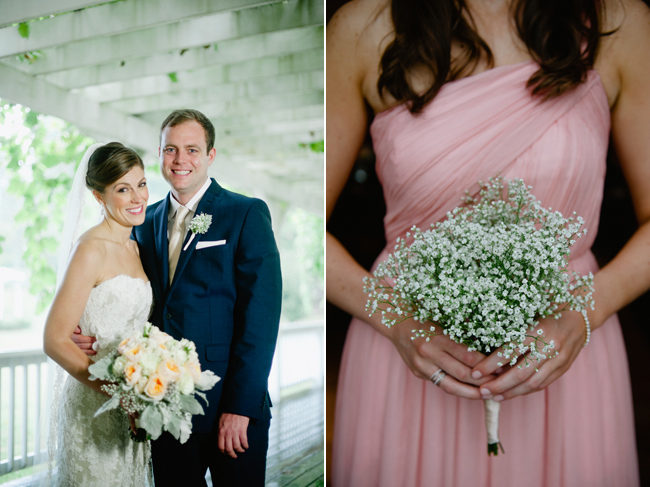 babys breath bouquet with bridesmaid in pink dress