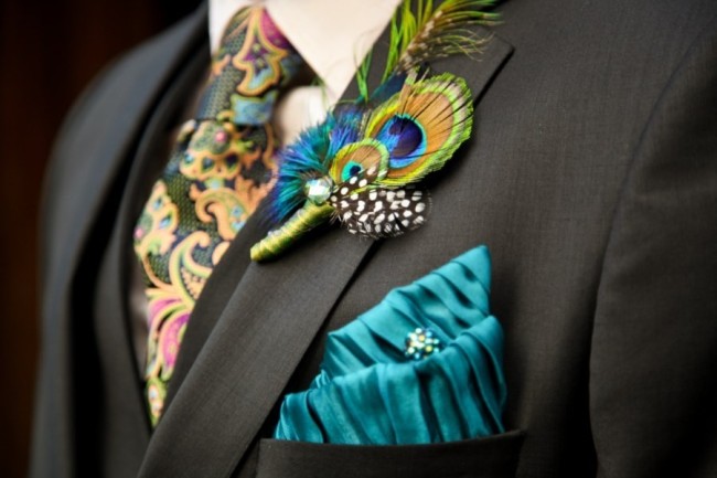 peacock theme wedding boutonniere with blue peacock pocket square