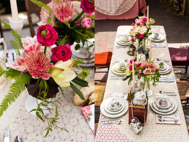 Table setting Alice in Wonderland style (teacups, teapot, roses, books, clock)