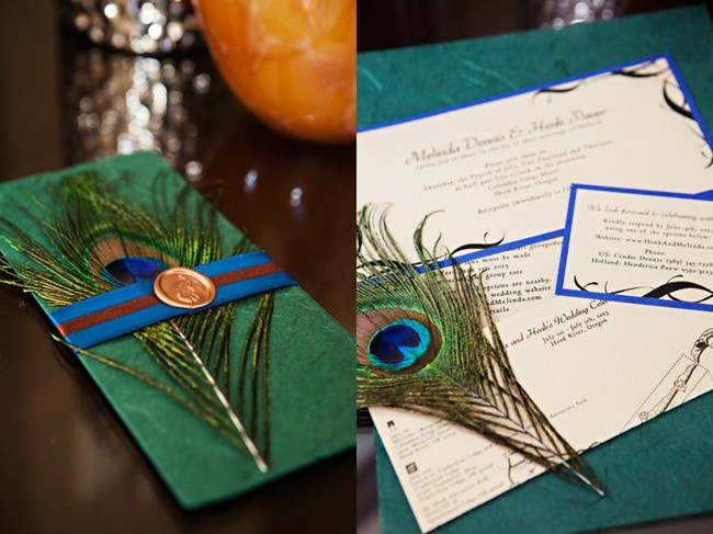 Peacock themed wedding invitation 
