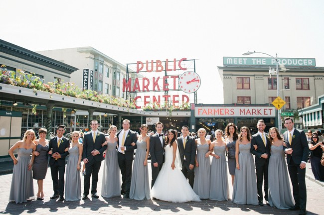 Seattle pike place market bride, groom and bridal party