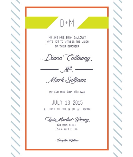 Green, blue and orange striped wedding invitation