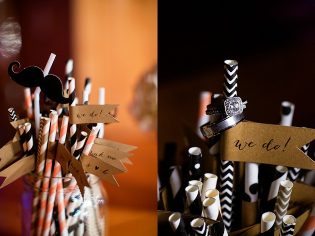 black and white striped wedding staws with engagement ring