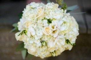 white hydrangea and white rose wedding bouquet
